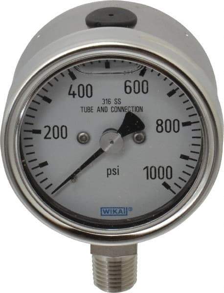Wika - 2-1/2" Dial, 1/4 Thread, 1,000 Scale Range, Pressure Gauge - Lower Connection Mount, Accurate to 2-1-2% of Scale - USA Tool & Supply