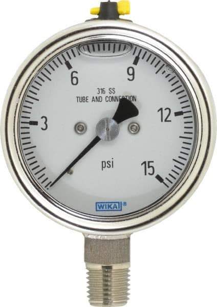 Wika - 2-1/2" Dial, 1/4 Thread, 15 Scale Range, Pressure Gauge - Lower Connection Mount, Accurate to 2-1-2% of Scale - USA Tool & Supply