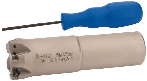 Iscar - 1-1/2" Cut Diam, 0.04" Max Depth, 1-1/4" Shank Diam, Weldon Shank Indexable High-Feed End Mill - Screw Holding Method, H600 WXCU 05 Insert, FF EWX-05 Toolholder, Through Coolant - USA Tool & Supply