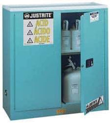 Justrite - 2 Door, 1 Shelf, Blue Steel Standard Safety Cabinet for Corrosive Chemicals - 44" High x 43" Wide x 18" Deep, Manual Closing Door, 3 Point Key Lock, 30 Gal Capacity - USA Tool & Supply