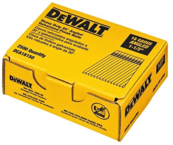 DeWALT - 16 Gauge 1-1/2" Long Finishing Nails for Power Nailers - Grade 2 Steel, Galvanized Finish, Angled Stick Collation - USA Tool & Supply