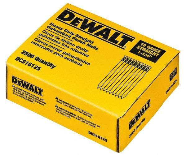 DeWALT - 16 Gauge 1-1/4" Long Finishing Nails for Power Nailers - Grade 2 Steel, Galvanized Finish, Straight Stick Collation - USA Tool & Supply