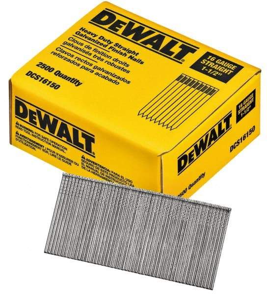 DeWALT - 16 Gauge 1-1/2" Long Finishing Nails for Power Nailers - Grade 2 Steel, Galvanized Finish, Straight Stick Collation - USA Tool & Supply