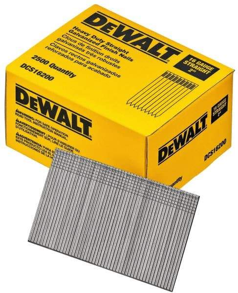 DeWALT - 16 Gauge 2" Long Finishing Nails for Power Nailers - Grade 2 Steel, Galvanized Finish, Straight Stick Collation - USA Tool & Supply