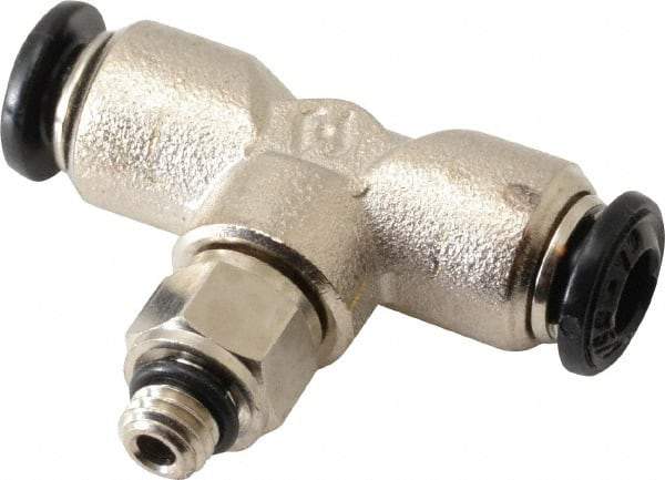 Alpha Technologies - 4mm Outside Diam, M5 Metric, Nickel Plated Brass Push-to-Connect Tube Male Swivel Branch Tee - 250 Max psi, Tube to Metric Thread Connection, Buna O-Ring - USA Tool & Supply