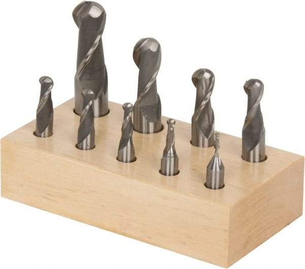 Interstate - 1/8 to 3/4", 2 Flute Ball End Mill Set - Uncoated, High Speed Steel, Single End, 3/8, 1/2, 3/4" Shank Diam, Centercutting - USA Tool & Supply