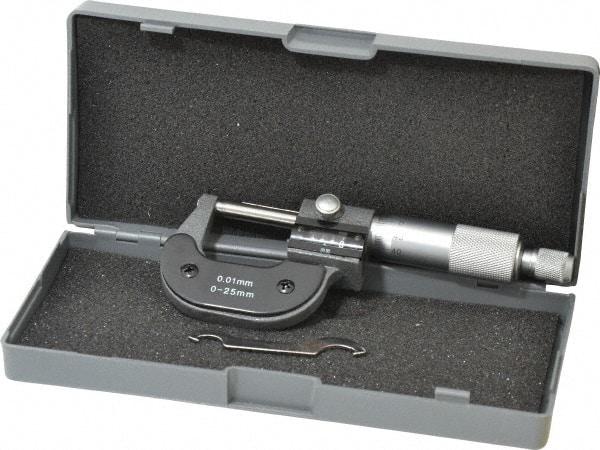 Value Collection - 0 to 25mm Range, 0.01mm Graduation, Mechanical Outside Micrometer - Ratchet Stop Thimble, Digital Counter - USA Tool & Supply