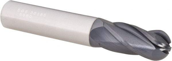 SGS - 1/2" Diam, 1" LOC, 4 Flute Solid Carbide Ball End Mill - AlTiN Finish, Single End, 3" OAL, 1/2" Shank Diam, Spiral Flute - USA Tool & Supply