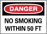 NMC - "Danger - No Smoking Within 50 Feet", 10" Long x 14" Wide, Pressure-Sensitive Vinyl Safety Sign - Rectangle, 0.004" Thick, Use for Accident Prevention - USA Tool & Supply