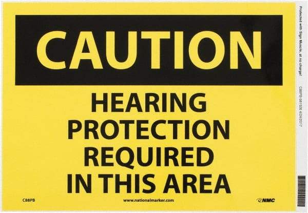 NMC - "Caution - Hearing Protection Required in This Area", 10" Long x 14" Wide, Pressure-Sensitive Vinyl Safety Sign - Rectangle, 0.004" Thick, Use for Accident Prevention - USA Tool & Supply
