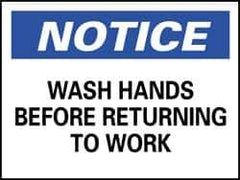 NMC - "Notice - Wash Hands Before Returning to Work", 10" Long x 14" Wide, Aluminum Safety Sign - Rectangle, 0.04" Thick, Use for Restroom, Janitorial & Housekeeping - USA Tool & Supply