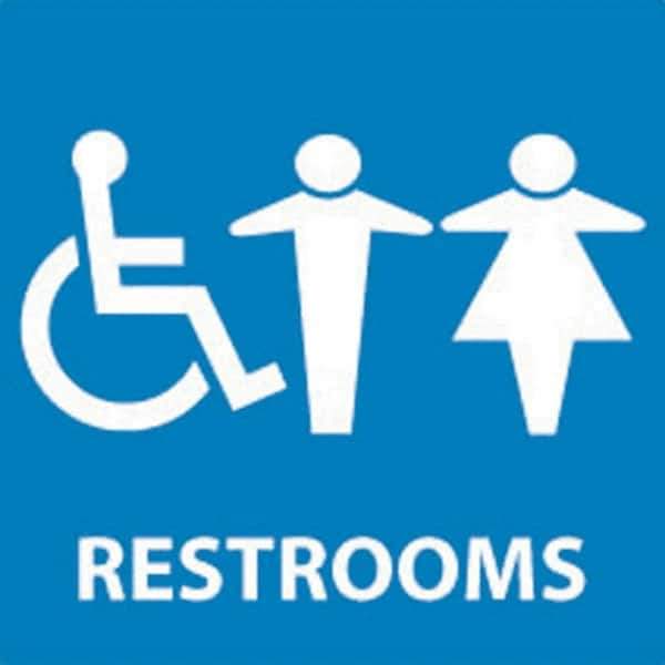 NMC - Restrooms, 7" Wide x 7" High, Vinyl Sign - English, White on Blue, Wall Mount - USA Tool & Supply