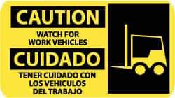 NMC - "Caution - Watch for Work Vehicles", 10" Long x 18" Wide, Rigid Plastic Safety Sign - Rectangle, 0.05" Thick, Use for Accident Prevention - USA Tool & Supply