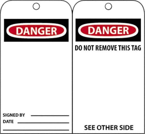 NMC - 3" High x 6" Long, DANGER - SIGNED BY___, English Safety & Facility Accident Prevention Tag - Tag Header: Danger, 2 Sides, Black, Red & White Unrippable Vinyl - USA Tool & Supply