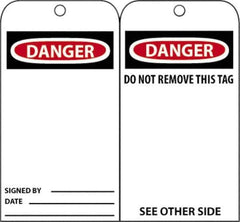 NMC - 3" High x 6" Long, DANGER - SIGNED BY___, English Safety & Facility Accident Prevention Tag - Tag Header: Danger, 2 Sides, Black, Red & White Unrippable Vinyl - USA Tool & Supply