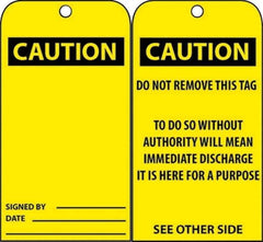 NMC - 3" High x 6" Long, CAUTION, English Safety & Facility Accident Prevention Tag - Tag Header: CAUTION, 2 Sides, Black & Yellow Unrippable Vinyl - USA Tool & Supply