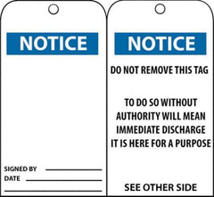 NMC - 3" High x 6" Long, Notice, English Safety & Facility Accident Prevention Tag - Tag Header: Notice, 2 Sides, Black, Blue & White Unrippable Vinyl - USA Tool & Supply