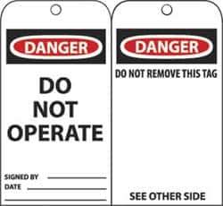 NMC - 3" High x 6" Long, DANGER - DO NOT OPERATE, English Safety & Facility Accident Prevention Tag - Tag Header: Danger, 2 Sides, Black, Red & White Unrippable Vinyl - USA Tool & Supply