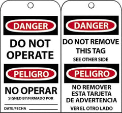 NMC - 3" High x 6" Long, DANGER - DO NOT OPERATE, English & Spanish Safety & Facility Accident Prevention Tag - Tag Header: Danger, 2 Sides, Black, Red & White Unrippable Vinyl - USA Tool & Supply