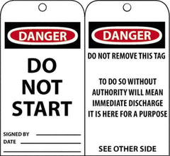 NMC - 3" High x 6" Long, DANGER - DO NOT START, English Safety & Facility Accident Prevention Tag - Tag Header: Danger, 2 Sides, Black, Red & White Unrippable Vinyl - USA Tool & Supply