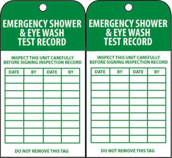 NMC - 3" High x 6" Long, EMERGENCY SHOWER & EYE WASH TEST RECORD, English Safety & Facility Accident Prevention Tag - Tag Header: Danger, 2 Sides, Green & White Unrippable Vinyl - USA Tool & Supply