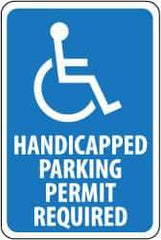 NMC - "Handicapped Parking - Permit Required", "Handicapped Symbol", 12" Wide x 18" High, Aluminum ADA Signs - 0.063" Thick, White on Blue, Rectangle, Post Mount - USA Tool & Supply