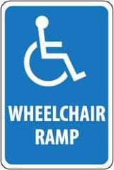 NMC - "Wheelchair Ramp", "Handicap Symbol", 12" Wide x 6" High, Aluminum ADA Signs - 0.08" Thick, Blue on White, Engineer Grade Reflectivity, Rectangle, Post Mount - USA Tool & Supply