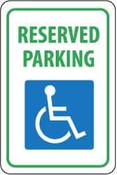 NMC - "Reserved Parking", "Handicapped Symbol", 12" Wide x 18" High, Aluminum ADA Signs - 0.063" Thick, Green & Blue on White, Rectangle, Post Mount - USA Tool & Supply