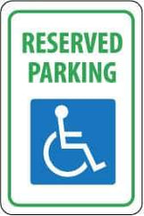 NMC - "Reserved Parking", "Handicapped Symbol", 12" Wide x 18" High, Aluminum ADA Signs - 0.08" Thick, Green & Blue on White, Engineer Grade Reflectivity, Rectangle, Post Mount - USA Tool & Supply