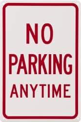 NMC - "No Parking Anytime", 12" Wide x 18" High, Aluminum No Parking & Tow Away Signs - 0.04" Thick, Red on White, Rectangle, Wall Mount - USA Tool & Supply