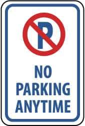 NMC - "No Parking Anytime", "Strike on P", 12" Wide x 18" High, Aluminum No Parking & Tow Away Signs - 0.063" Thick, Red & Blue on White, Rectangle, Post Mount - USA Tool & Supply