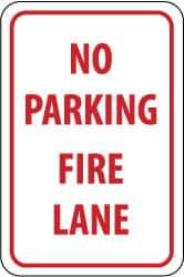 NMC - "No Parking - Fire Lane", 12" Wide x 18" High, Aluminum Fire Lane Signs - 0.063" Thick, Red on White, Rectangle, Post Mount - USA Tool & Supply