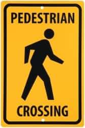 NMC - "Pedestrian Crossing", 12" Wide x 18" High, Aluminum Traffic Control Signs - 0.063" Thick, Black on Yellow, Rectangle, Post Mount - USA Tool & Supply