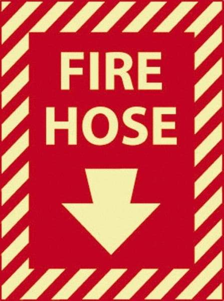 NMC - Fire Hose, Pressure Sensitive Vinyl Fire Sign - 9" Wide x 12" High, Glow-in-the-Dark - USA Tool & Supply
