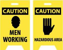 NMC - Caution - Men Working, Caution - Hazardous Area, 12" Wide x 19" High, Plastic Floor Sign - A-Frame, Black on Yellow, For Accident Prevention - USA Tool & Supply