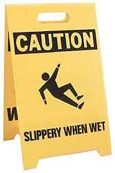 NMC - Caution - Wet Floor, Caution - Slippery When Wet, 12" Wide x 19" High, Plastic Floor Sign - A-Frame, Black on Yellow, For Restroom, Janitorial & Housekeeping - USA Tool & Supply
