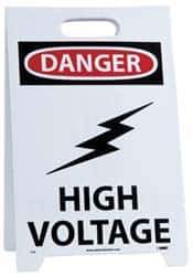 NMC - Danger - High Voltage, Warning - Restricted Area, 12" Wide x 19" High, Plastic Floor Sign - A-Frame, Red & Black on White, For Accident Prevention - USA Tool & Supply