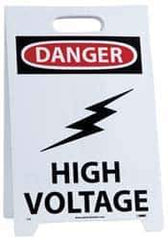 NMC - Danger - High Voltage, Warning - Restricted Area, 12" Wide x 19" High, Plastic Floor Sign - A-Frame, Red & Black on White, For Accident Prevention - USA Tool & Supply