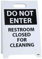 NMC - Do Not Enter - Restroom Closed for Cleaning, Do Not Enter - Work in Progress, 12" Wide x 19" High, Plastic Floor Sign - A-Frame, Black on White, For Restroom, Janitorial & Housekeeping - USA Tool & Supply