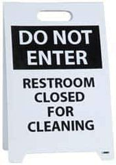 NMC - Do Not Enter - Restroom Closed for Cleaning, Do Not Enter - Work in Progress, 12" Wide x 19" High, Plastic Floor Sign - A-Frame, Black on White, For Restroom, Janitorial & Housekeeping - USA Tool & Supply