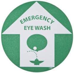 NMC - Emergency Eye Wash, Anti-Skid Pressure-Sensitive Vinyl Floor Sign - Round, Green on White, Adhesive Backed, For First Aid - USA Tool & Supply