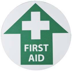 NMC - First Aid, Anti-Skid Pressure-Sensitive Vinyl Floor Sign - Round, Green on White, Adhesive Backed, For First Aid - USA Tool & Supply