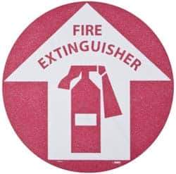 NMC - Fire Extinguisher, Anti-Skid Pressure-Sensitive Vinyl Floor Sign - Round, Red on White, Adhesive Backed, For Fire - USA Tool & Supply