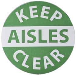 NMC - Keep Aisles Clear, Anti-Skid Pressure-Sensitive Vinyl Floor Sign - Round, Green on White, Adhesive Backed, For Accident Prevention - USA Tool & Supply