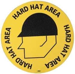 NMC - Hard Hat Area, Anti-Skid Pressure-Sensitive Vinyl Floor Sign - Round, Black on Yellow, Adhesive Backed, For Accident Prevention - USA Tool & Supply