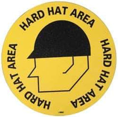 NMC - Hard Hat Area, Anti-Skid Pressure-Sensitive Vinyl Floor Sign - Round, Black on Yellow, Adhesive Backed, For Accident Prevention - USA Tool & Supply