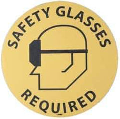 NMC - Safety Glasses Required, Anti-Skid Pressure-Sensitive Vinyl Floor Sign - Round, Black on Yellow, Adhesive Backed, For Accident Prevention - USA Tool & Supply