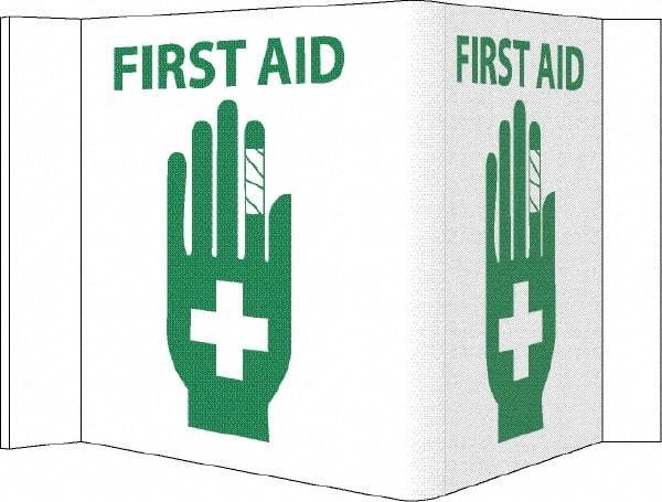 NMC - "First Aid", 5-3/4" Long x 8-3/4" Wide, Rigid Plastic Safety Sign - Rectangle, 0.125" Thick, Use for First Aid - USA Tool & Supply