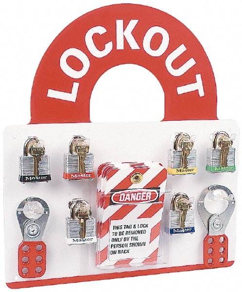 NMC - 10 Piece, Equipped Plexiglass Tag and Padlock / Hasp Station - 14 Inch Wide x 15-1/2 Inch High, White and White on Red - USA Tool & Supply