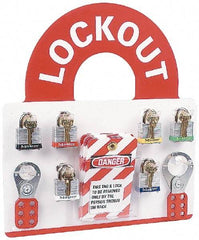 NMC - 10 Piece, Equipped Plexiglass Tag and Padlock / Hasp Station - 14 Inch Wide x 15-1/2 Inch High, White and White on Red - USA Tool & Supply